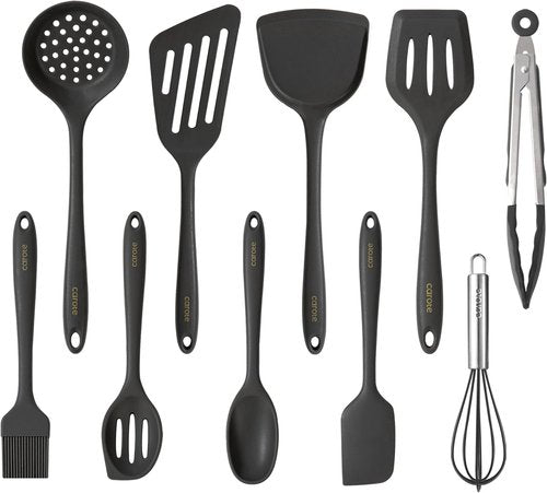 CAROTE Kitchen Utensil Set | 10-Piece Heat Resistant Silicone for Nonstick Cookware - Dark Grey, Odorless Spatula & Turner