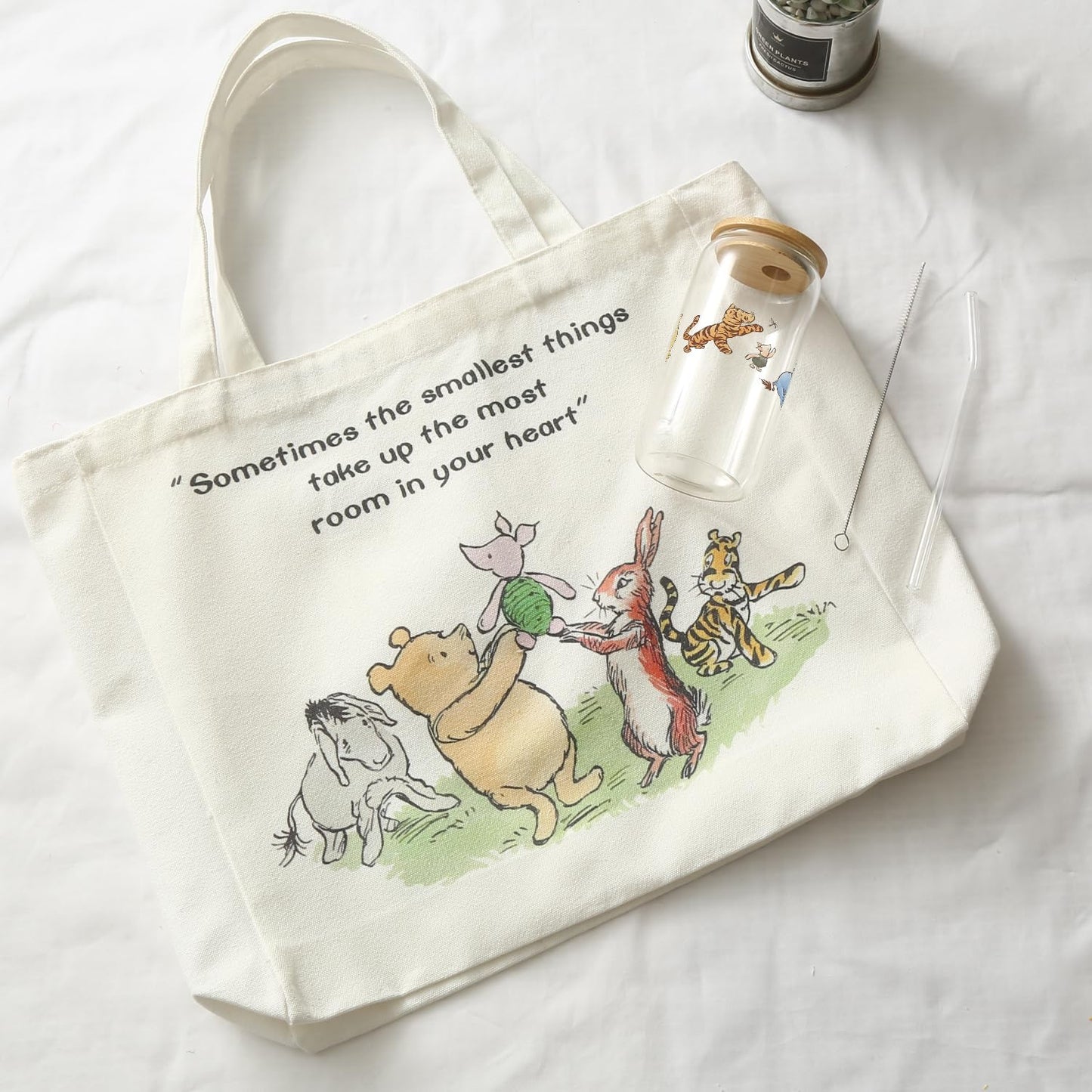 MRYAWXBK Pooh Bear Gifts for Women Friends, Pooh Bear Inspirational Canvas Tote Bag 16oz Iced Glass Cup Friendship Gift Set Gifts for Best Friends