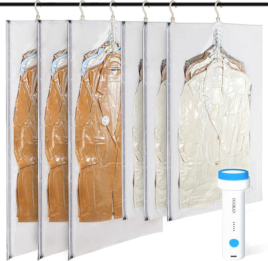 Skiennix Hanging Vacuum Storage Bags - 6 Pack with Electric Pump for Clothing | Space Saver for Suits & Jackets