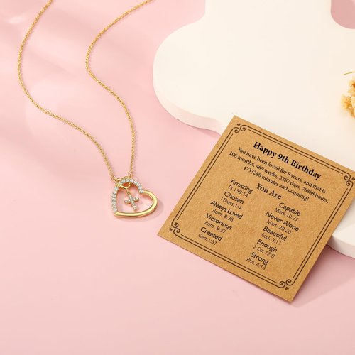 ESPVO 9 Year Old Girl Birthday Gift Happy 9th Ninth Tween Yr Cross Heart Necklace Jewelry Presents Stuff Decorations for Girls