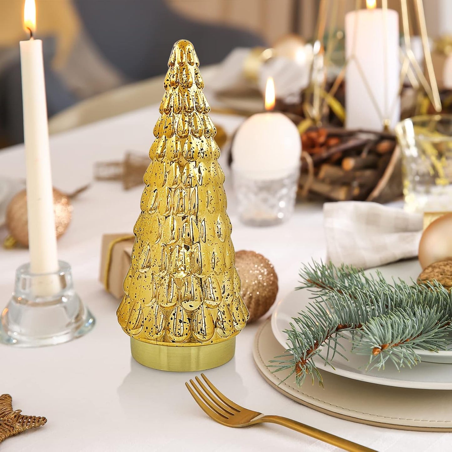 SHMILMH Gold Mercury Glass Christmas Tree Set - Battery Operated Tabletop Xmas Tree | 10" Decorative Centerpiece
