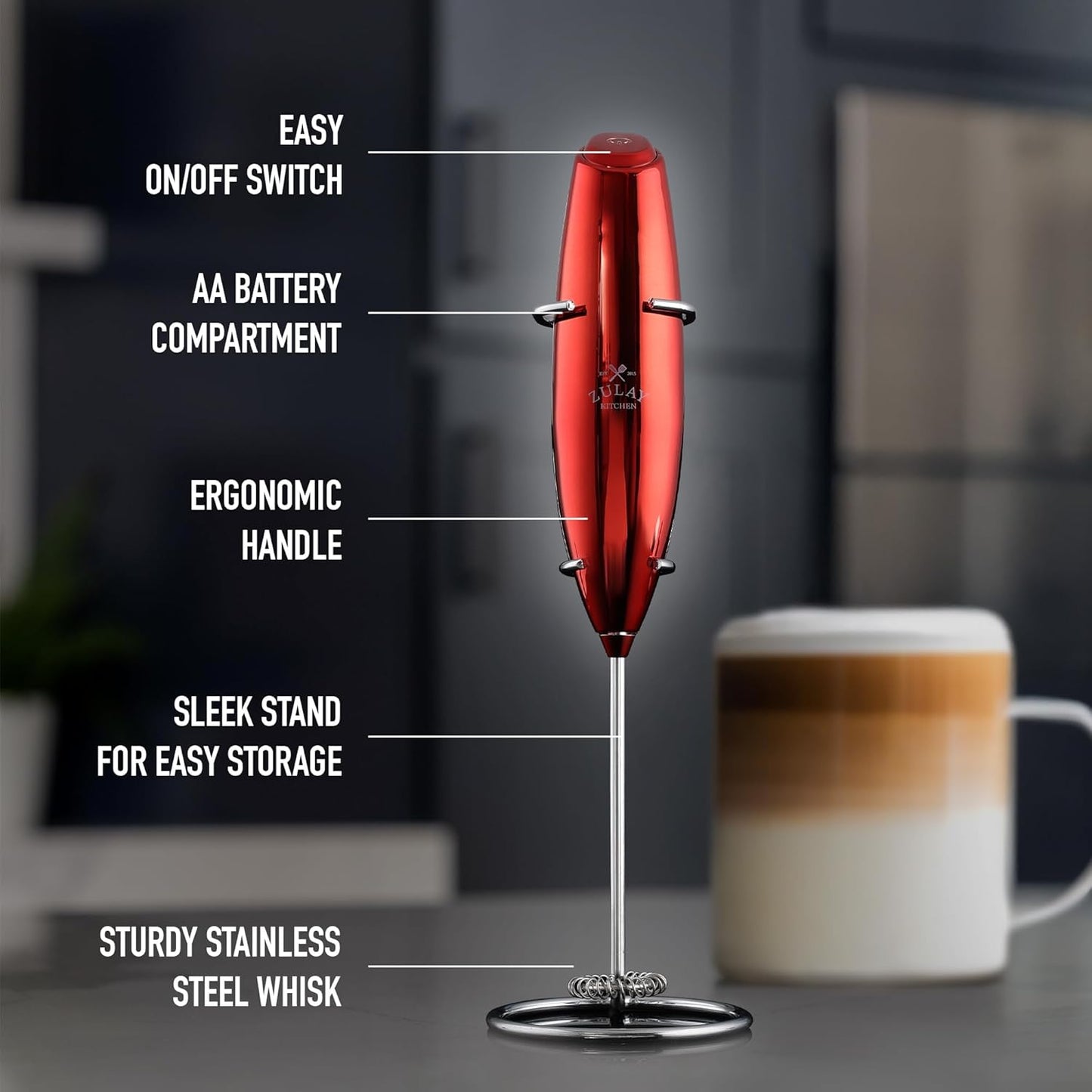 Zulay Kitchen Luxury Milk Frother - Handheld Electric Foam Maker for Coffee & Lattes | Cardinal Red Finish