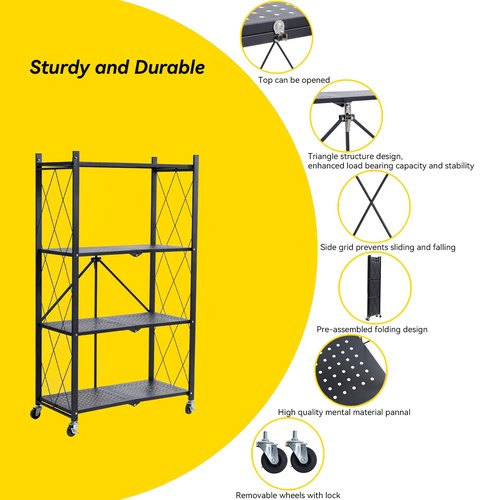 BRIAN & DANY 4-Tier Foldable Storage Shelves with Wheels, Folding Metal Rack Shelving Unit, Heavy Duty No Assembly Organizer Shelf for Garage, Kitchen, Basement, Pantry, Black
