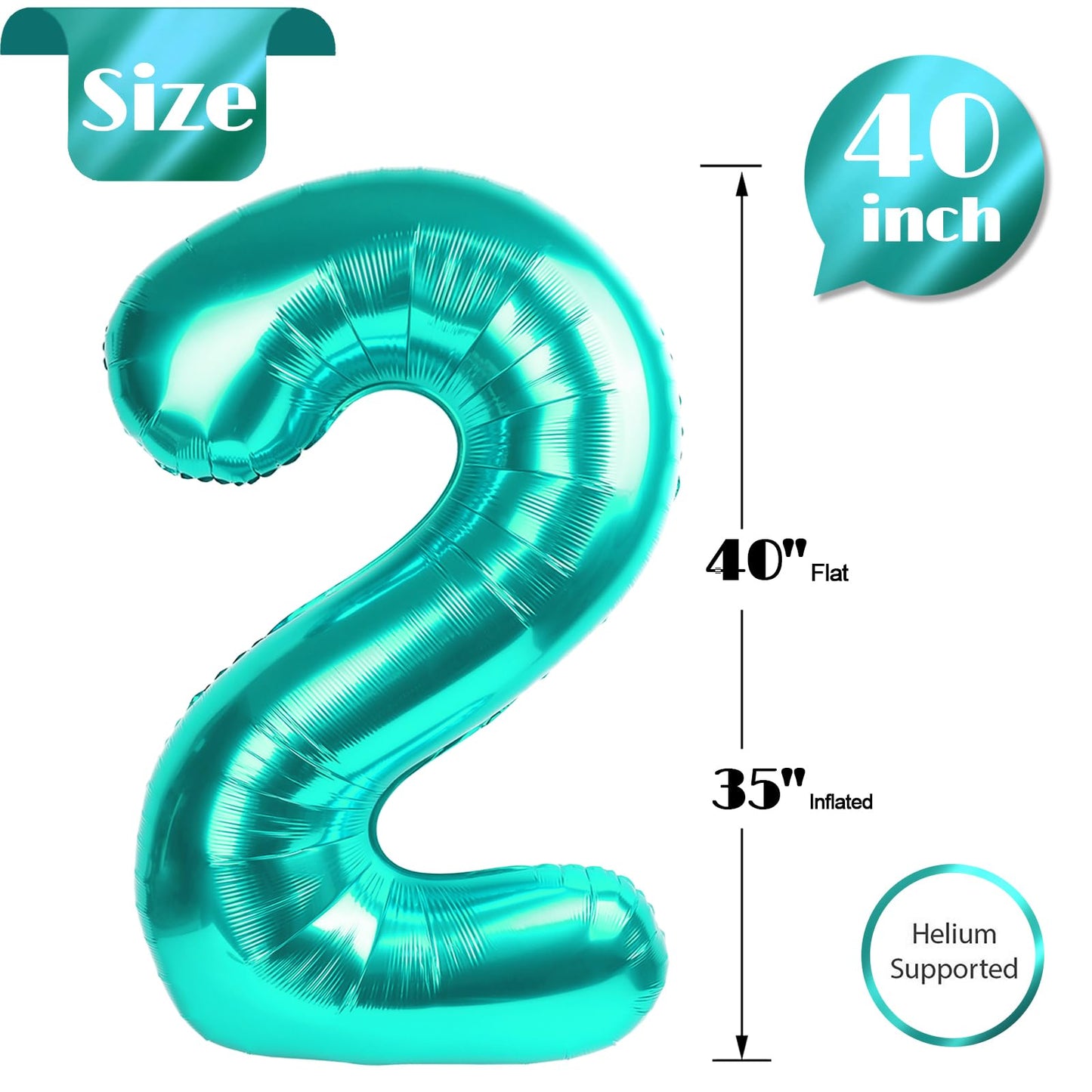 Teal Blue 2 Balloon, Number Balloons 40 Inch, 2nd Balloon Number Birthday Decorations, Second Two Birthday Party Supplies, Number 2 Balloon
