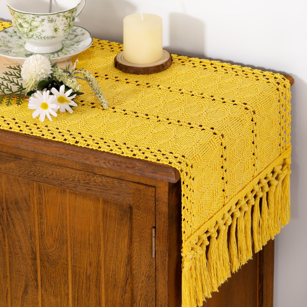 Socomi Boho Table Runner Summer Farmhouse Rustic Dining Kitchen Centerpiece Decor Small Macrame Woven Cotton Linen Coffee Table Runner for Dresser Scarf Home Decor 12x48 in Yellow Gold