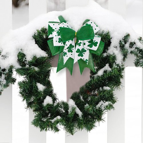Clover Patrick's Day Wreath Bow - Green Shamrock DIY Craft Ribbon Ornament | 9.5 x 13 Inch