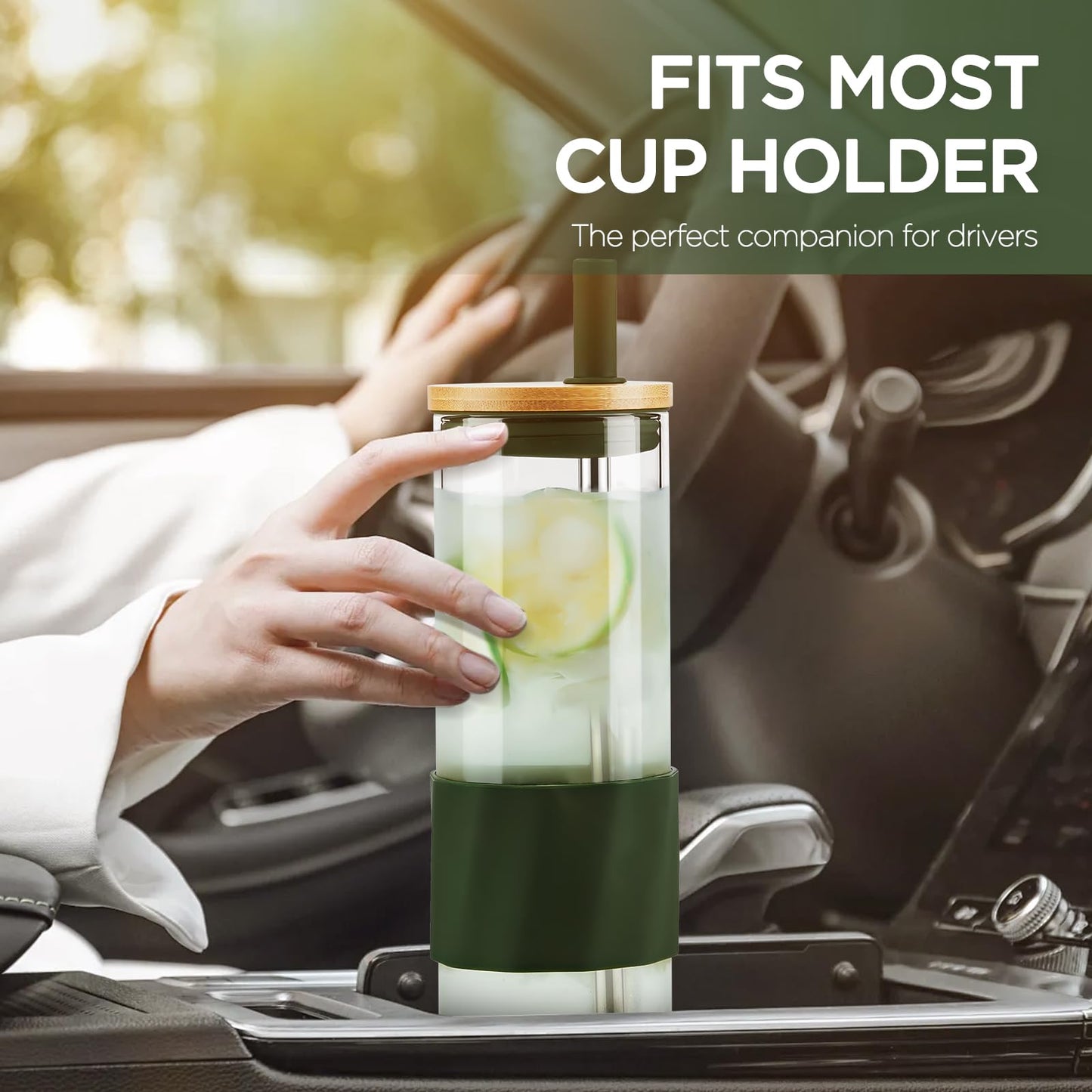 Spreccio Glass Cups With Lids and Straws, 20oz Reusable Iced Coffee Cup, Olive Glass Tumbler with Silicone Sleeve, Perfect for Fruity Drinks, Iced Tea, or Smoothies