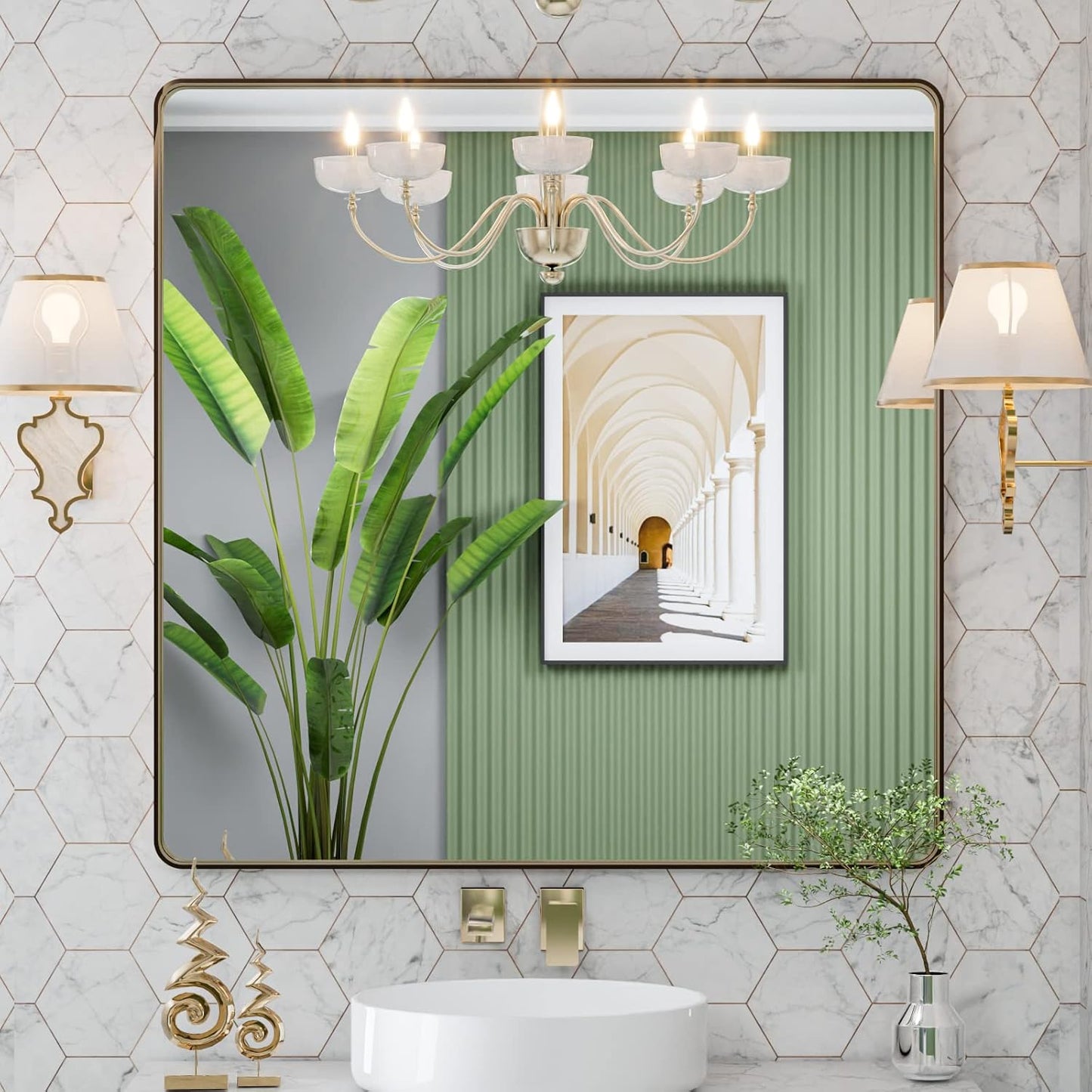 LOAAO Bronze Bathroom Mirror - 36”x36” Rounded Rectangle with Anti-Rust Frame | Hangs Horizontally or Vertically