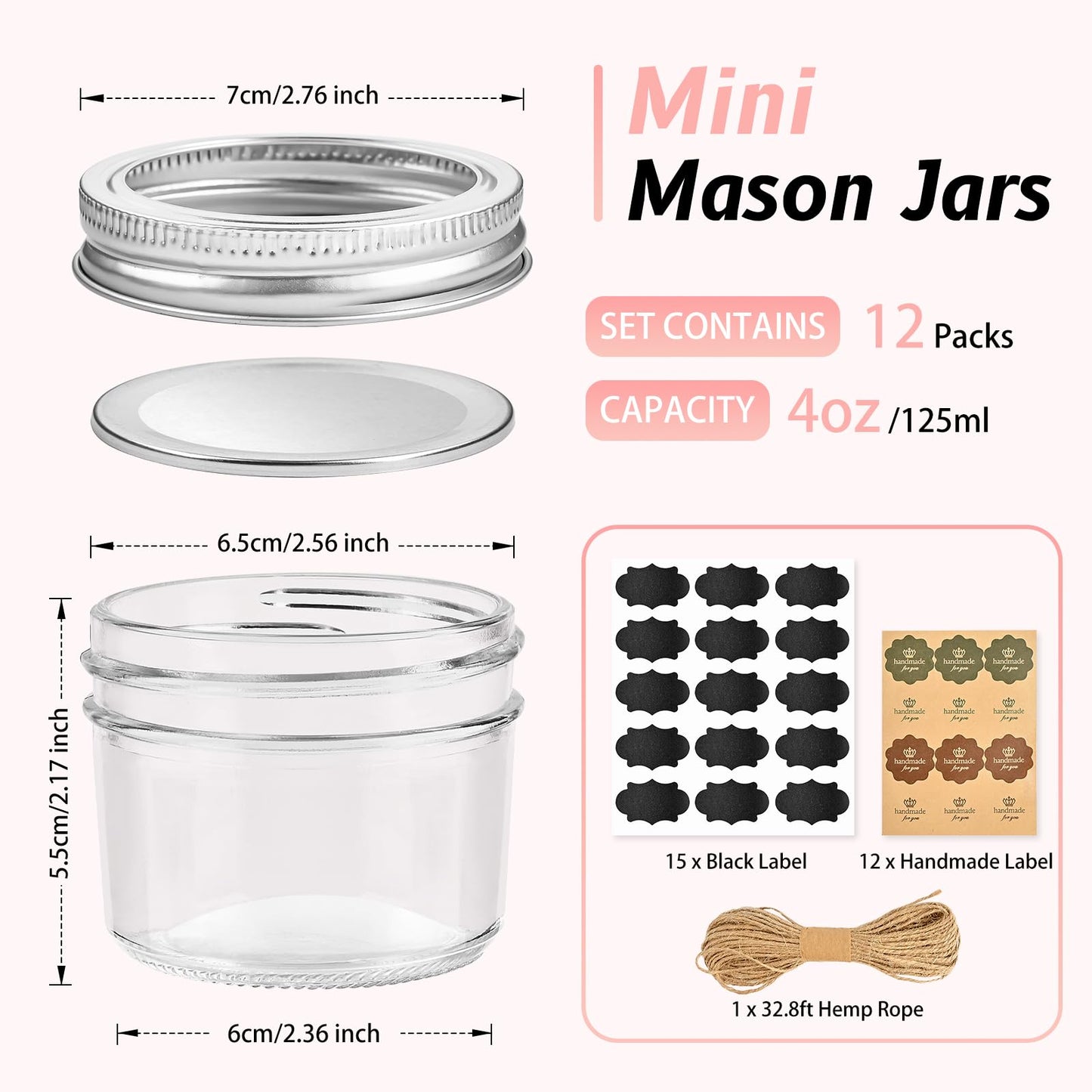 TUZAZO 4 oz Mini Mason Jars with Lids 12 Pack, 4oz Small Glass Mason Canning Jars for Jam Jelly Yogurt Dessert, Shower Wedding Favors Decor