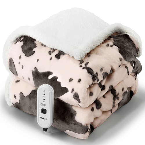 blunique Heated Throw Blanket Electric Throw with 4 Hours Auto-Off, Cozy Soft Fleece Sherpa Blanket, Washable, 50 x 60 Inches, Cow Print Pink
