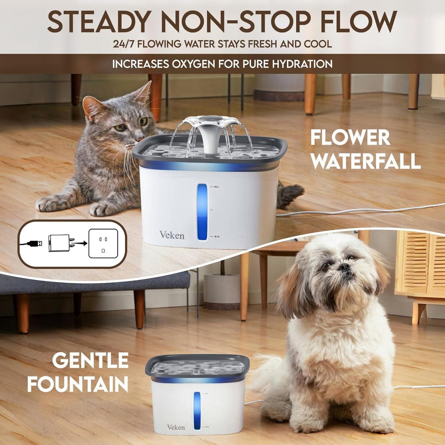 Veken Pet Fountain - Automatic 95oz Cat & Dog Water Dispenser with Replacement Filters | Grey Plastic