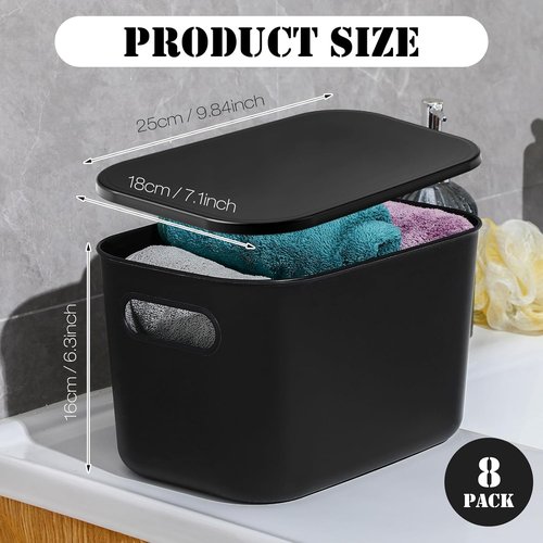 Hoolerry Colorful Storage Bins - 8-Piece Stackable Plastic Organizing Containers with Lids | Black (9.8 x 7.1 x 6.3 Inch)