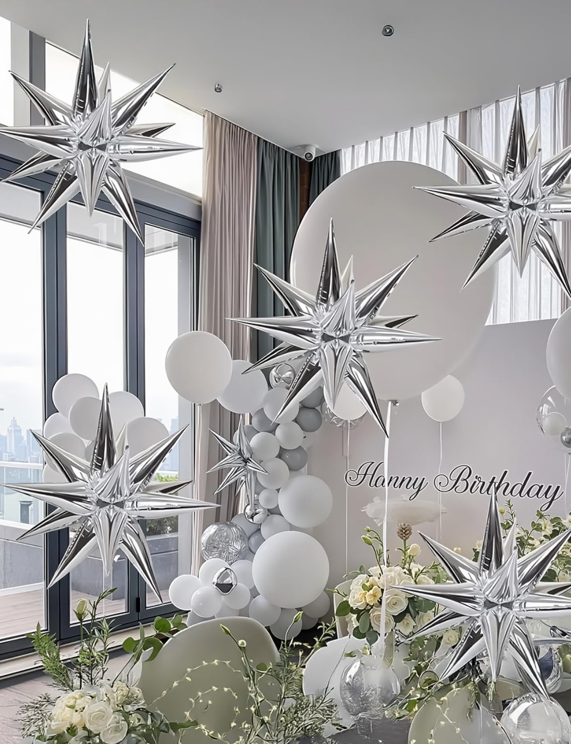Adeyoo Silver Star Balloons,8Pcs Foil Balloons Explosion Star Balloon One-Piece 14-Pointed Spike Cone Mylar Balloon for Graduation Birthday Wedding Bachelorette Disco Party Decorations