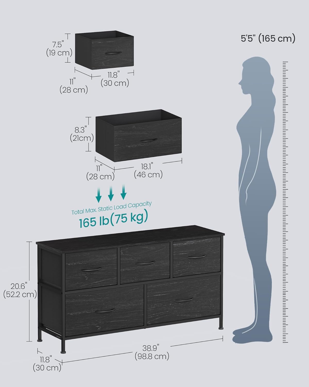 SONGMICS Dresser - Modern 5-Drawer Chest of Drawers for Bedroom Storage | Ebony Black Finish