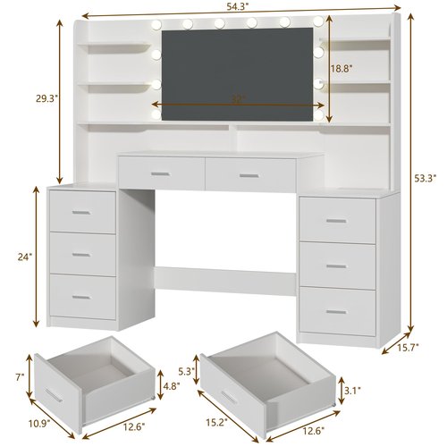 HUAHUU Large Vanity Desk with Mirror & Lights, White Makeup Vanity with 8 Drawers & 6 Storage Shelves, Vanity Set with LED Lights and Power Outlet, 3 Lighting Modes, Adjustable Brightness