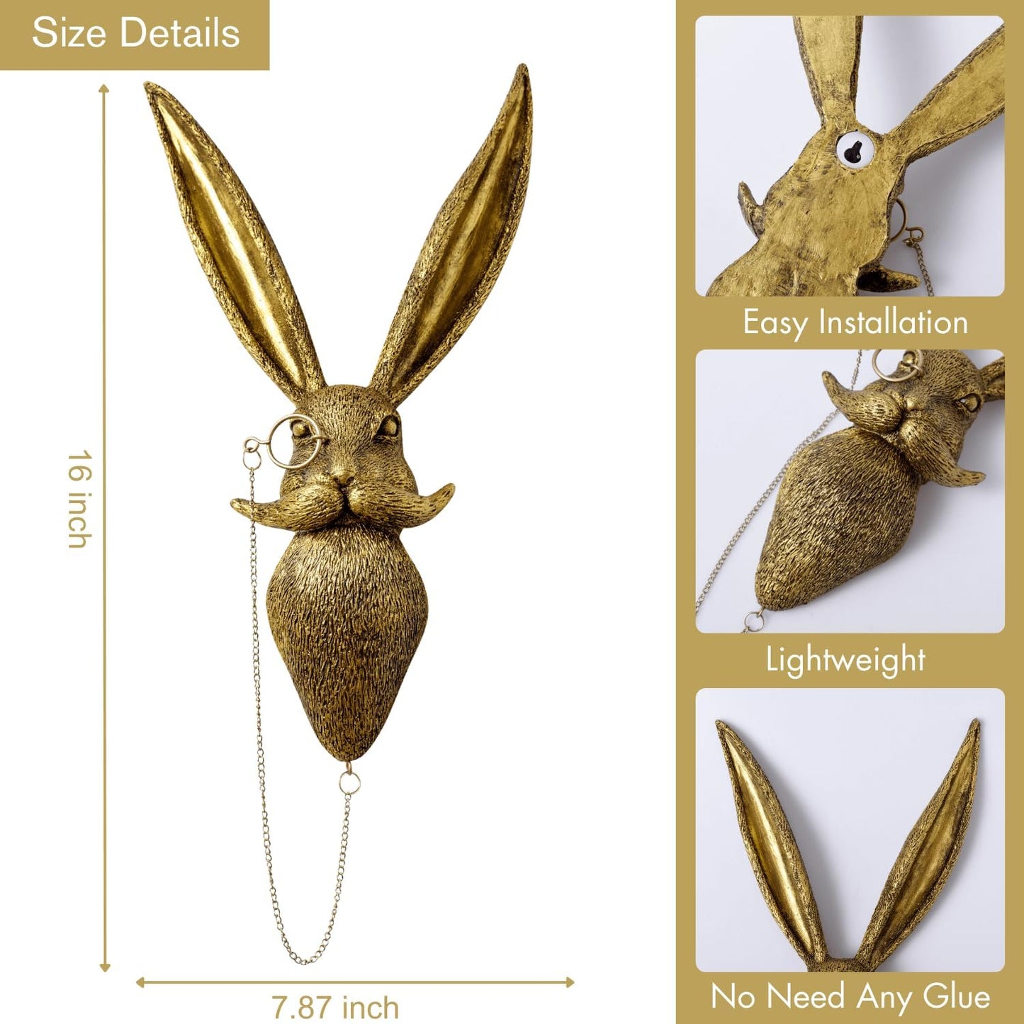 Montresor Animal Head Wall Art - Gold Rabbit Sculpture | Lightweight PU Foam Decor, 16 Inches