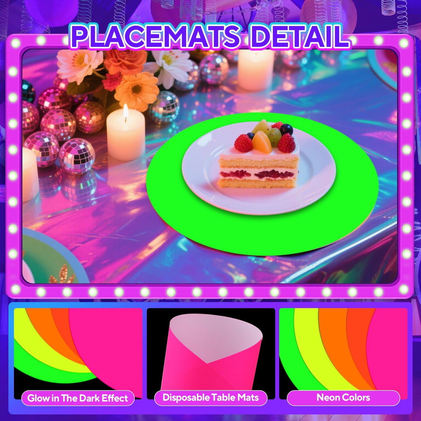 50 Pieces Neon Paper Placemats Glow in The Dark Disposable Table Mats for Neon Glow Party Birthday Decorations