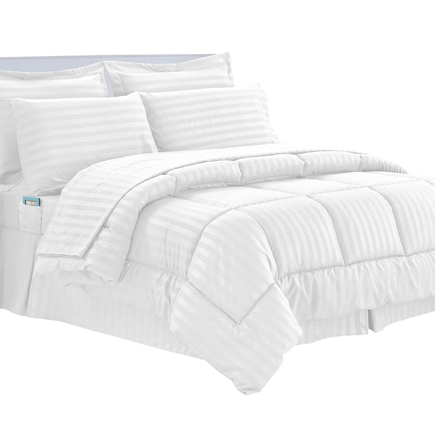 Elegant Comfort Cozy and Soft 8-Piece Bed-in-a-Bag All Season Comforter Set, Includes 4pc Smart Sheet Set, Bed Skirt, Comforter, Matching Pillowcases and Shams, Striped Design, King/Cal King, White