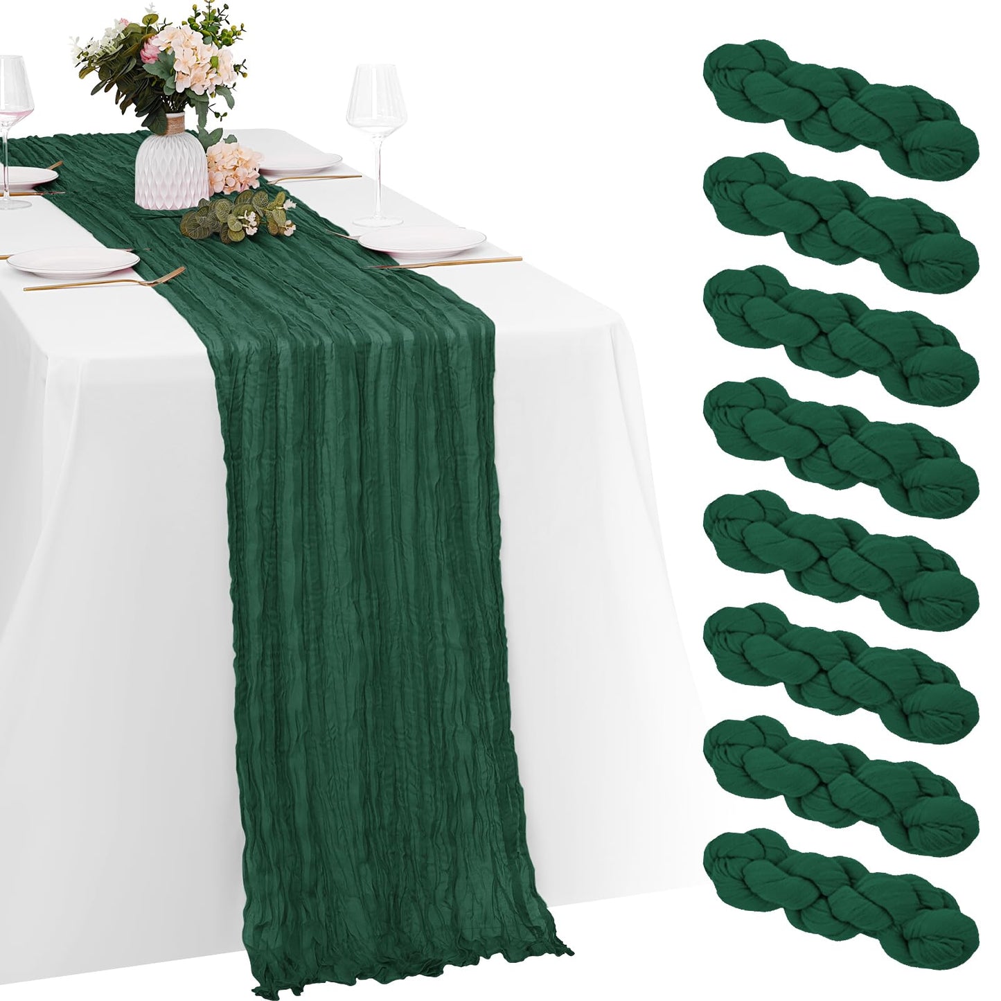 8 Pack Emerald Green Cheesecloth Table Runners 20x120 Inch Gauze Table Runner Cheese Cloth 10FT Green Table Runner Rustic Sheer Runner for Wedding Baby Shower Birthday Party Table Decor