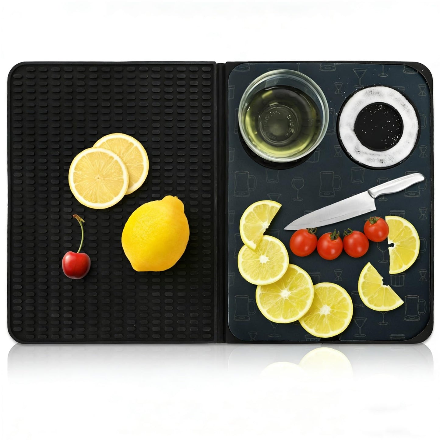 Tebery 3-in-1 Foldable Bar Mat for Countertop, Nonslip Cocktail Drying Mats with Removable Cutting Board, Silicone Mat Home Bar Accessories with Salt Rim for Drinks, Outdoor Camping, Picnic
