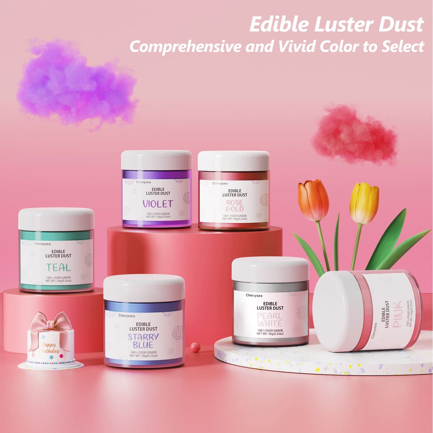 Pink Edible Luster Dust 10 Grams, Food Grade Cake Luster Dust Tasteless Dessert Dusting Powders for Baking Cherrysea Food Coloring Powder for Cupcakes, Cake Pops,Fondant,Chocolate, Candy