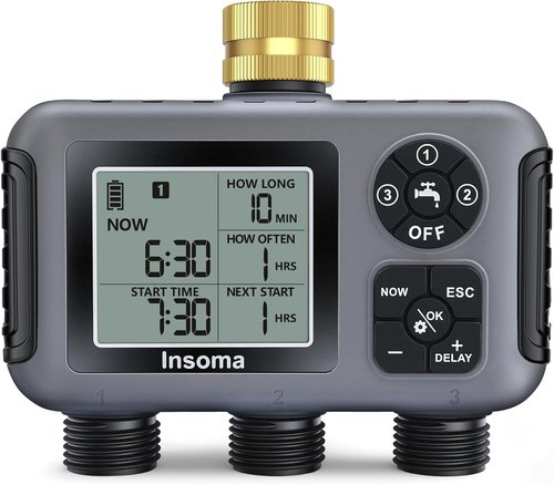 Insoma Water Timer - 3-Zone Outdoor Hose Timer with Brass Inlet & IPX5 Waterproof | Garden Irrigation Controller