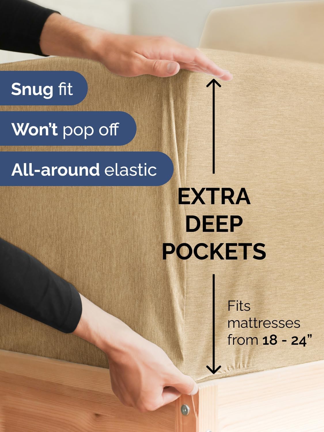Skiennix Extra Deep Queen Sheet Set - 6 Piece Breathable Cooling Bedding - Soft Wrinkle-Free Heathered Tan