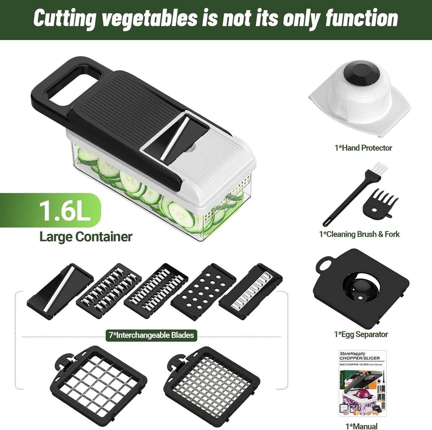 StoreHappily 12-in-1 Vegetable Chopper - 7 Blades, Multifunctional Kitchen Gadget with Container & Lid (Black/White)