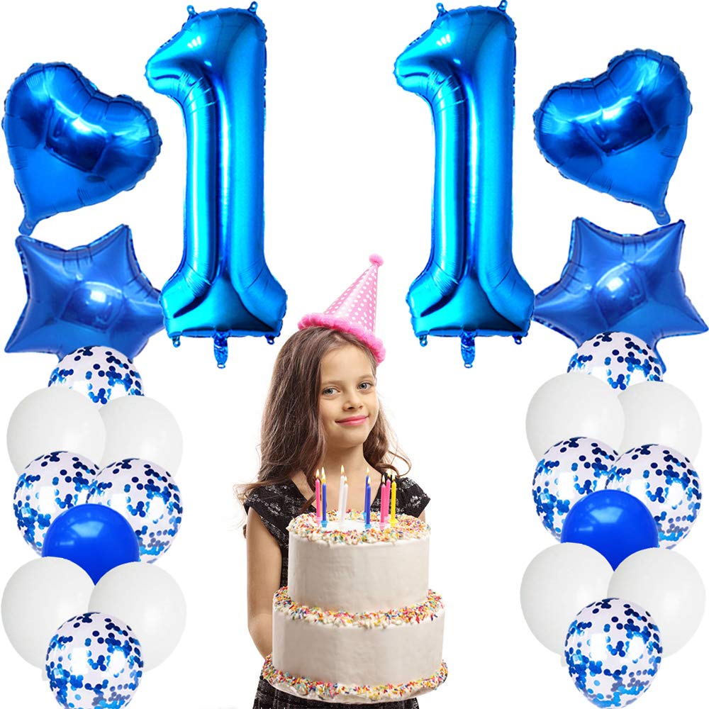 Huture 11th Birthday Party Supplies - Blue & White Foil Balloons, Happy Birthday Banner Kit, Latex Confetti, Star Balloons - Great Gift for Girls & Boys