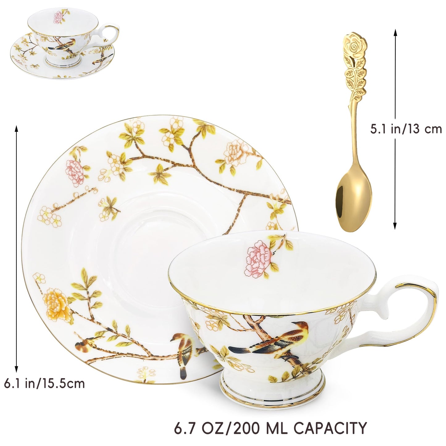 Keofoskv Tea Cups and Saucers, 7.5 OZ Floral Bone China Coffee Cup Set with Spoon, Vintage Garden Teacups with Gold Trim, Tea Cups in a Reusable Handmade Gift Box with Ribbon (Bourbon Rose 2)