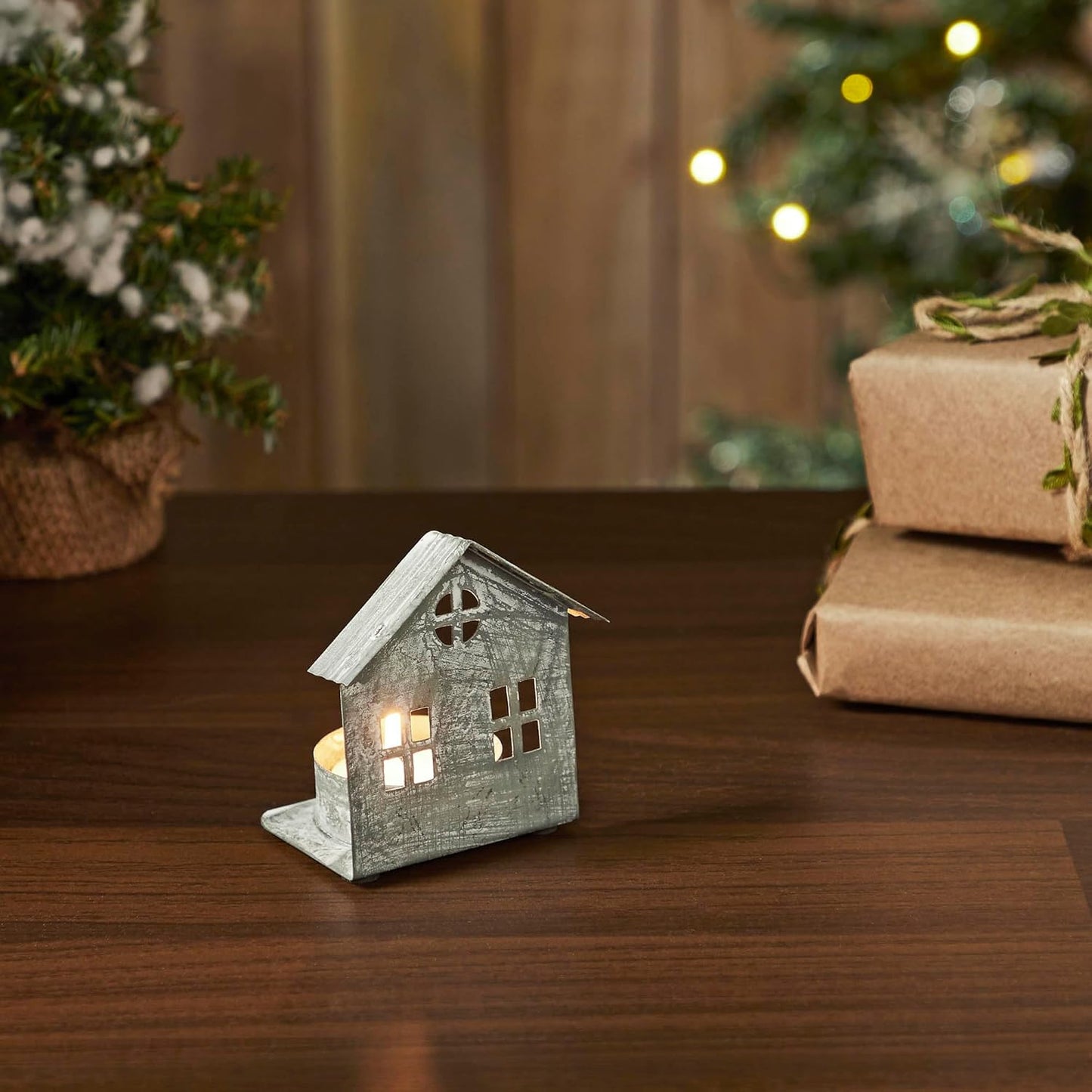 Antique Grey Metal Village House Tealight Holder - 3.25x2.75x2 Inch Decorative Accent