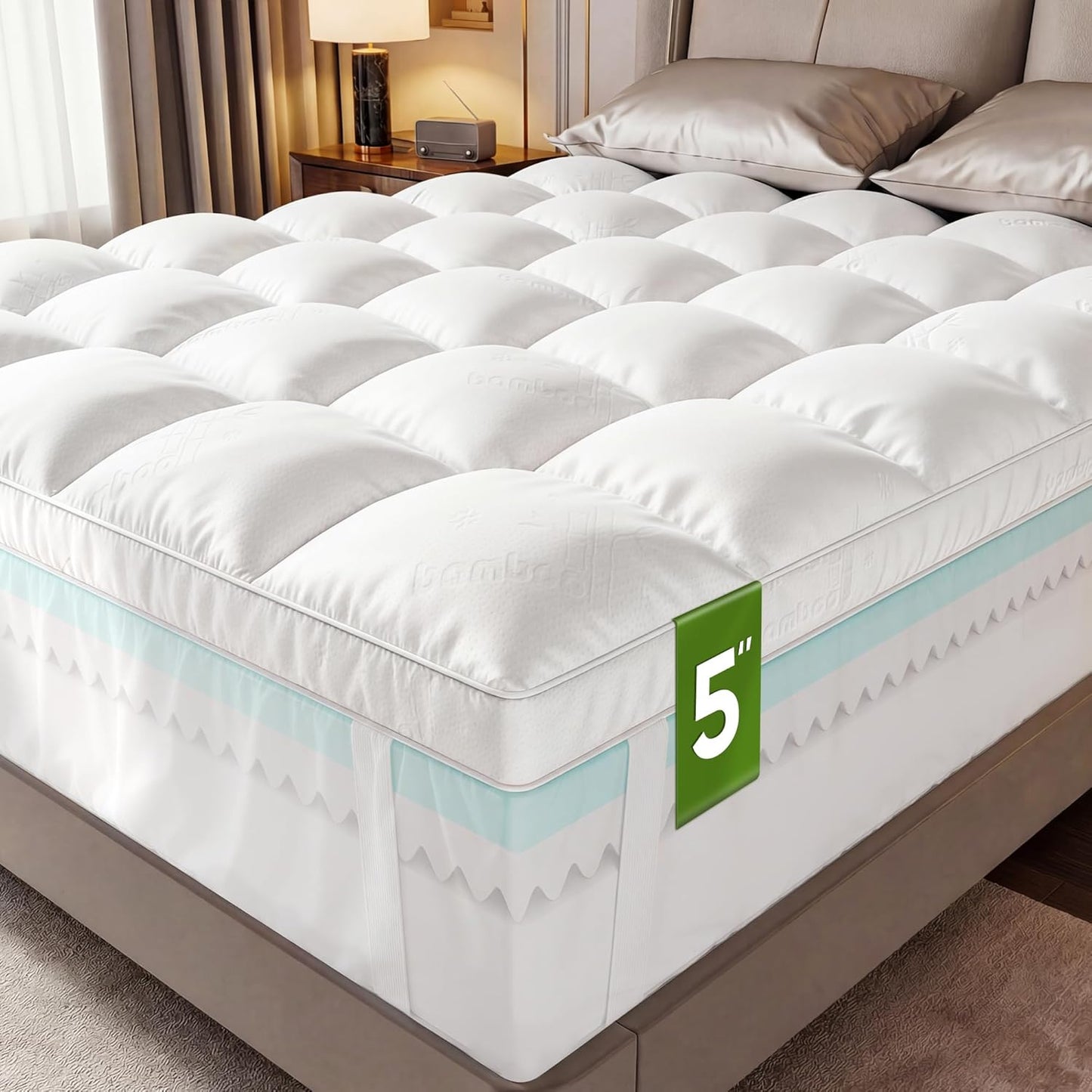 Skiennix Extra Thick Memory Foam Mattress Topper - Dual Layer 2.5" Gel Foam & Bamboo Pillow Top for Back Pain Relief | Queen Size 80x60x5in