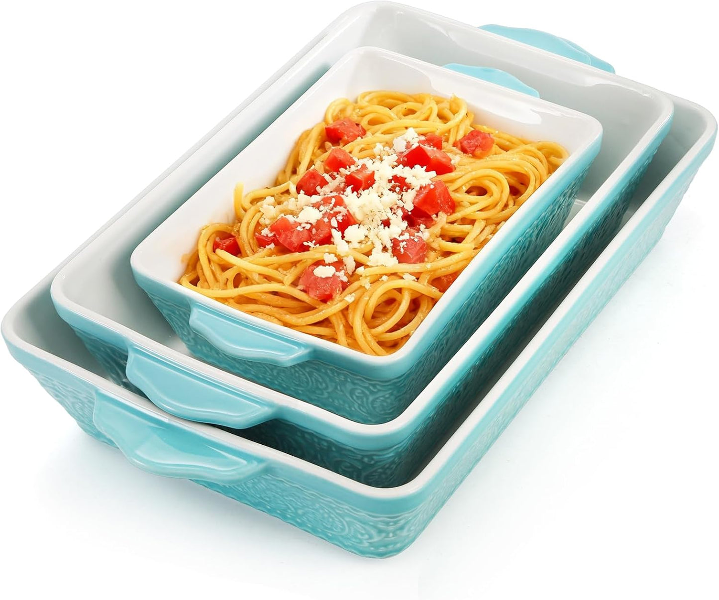SOUJOY Ceramic Baking Dish Set - Non-Stick Rectangular Casserole Dishes with Sturdy Handles | Turquoise, Set of 3