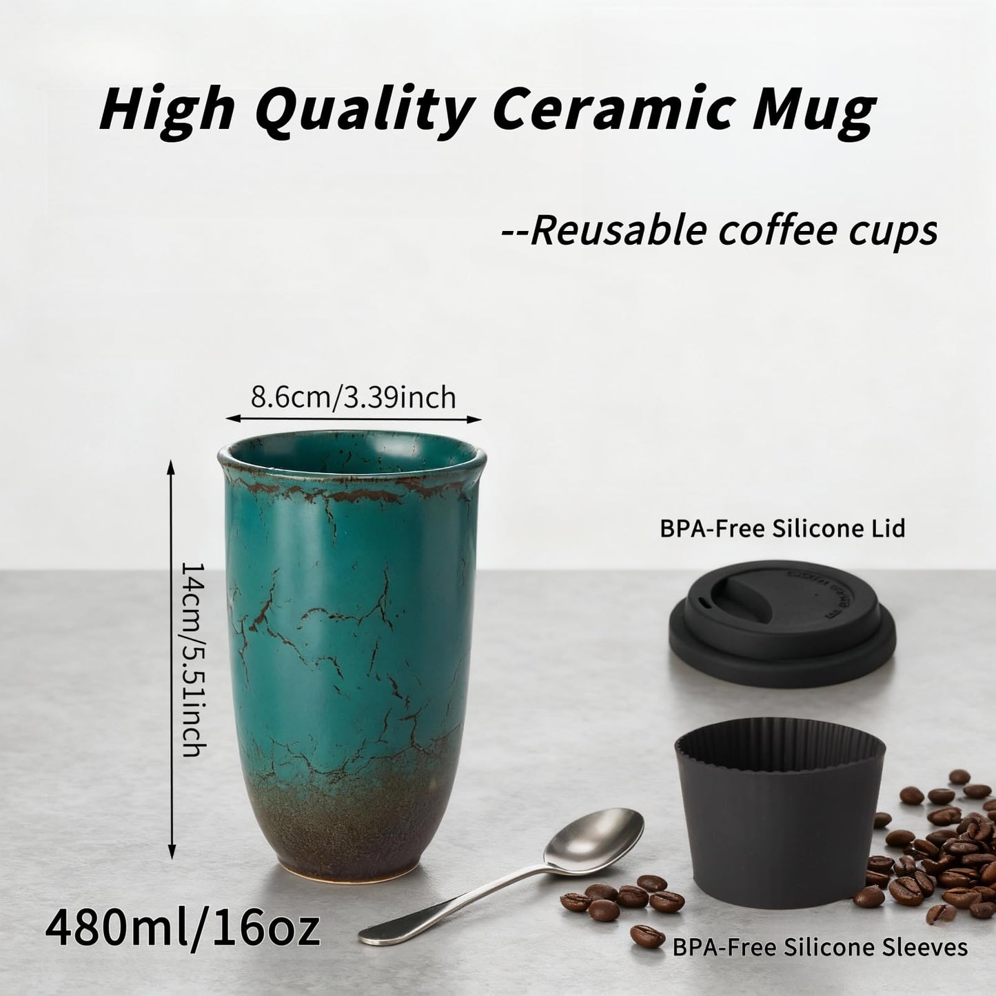 Moxhendix Ceramic Travel Mug With Lid, On the Go Coffee Mug.16oz-Ceramics Coffee Tumbler. Dishwasher and Microwave Safe.Reusable Coffee Mug-Suitable for travel, office, car cup，Daily use.