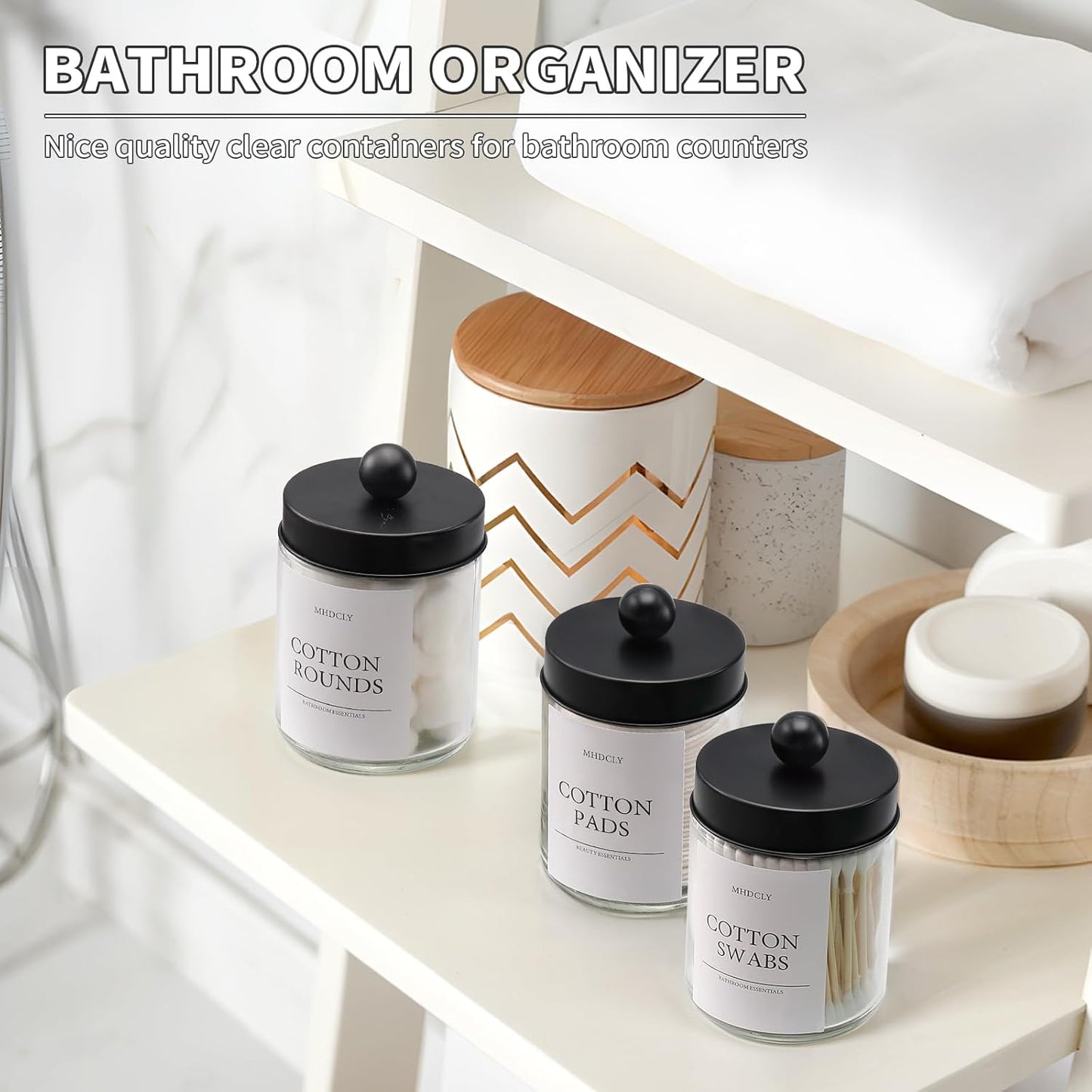 Skiennix Bathroom Organizers - 4 Pack Stylish Storage Accessories for Home Decor | Black Lids