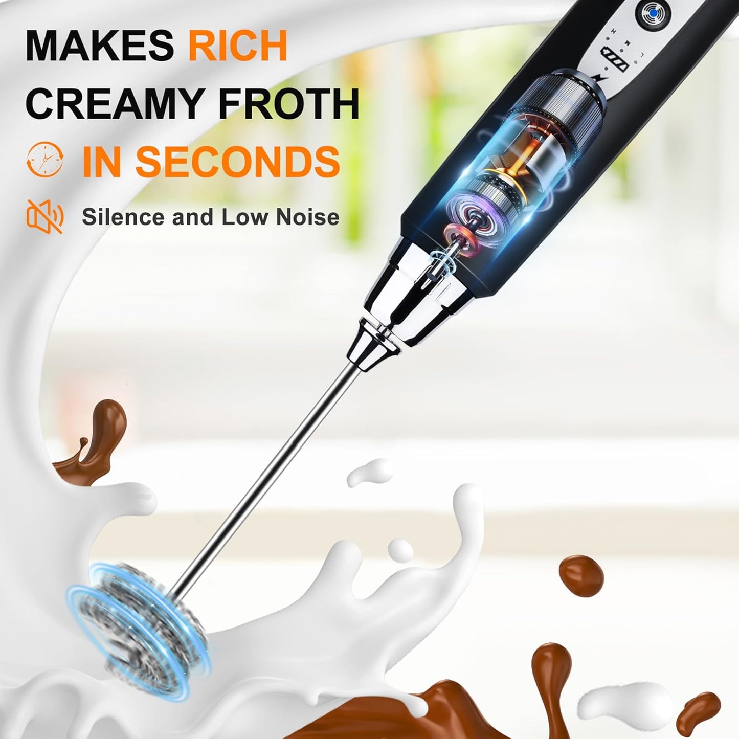 YUSWKO Handheld Milk Frother Wand - Rechargeable Electric Whisk with 3 Heads & 3 Speeds | Perfect for Latte, Cappuccino & Hot Chocolate