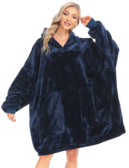 Kipswiza Blanket Hoodie - Wearable Blankets Oversized Soft Cozy Flannel Sweatshirt Blanket for Adult-Navy