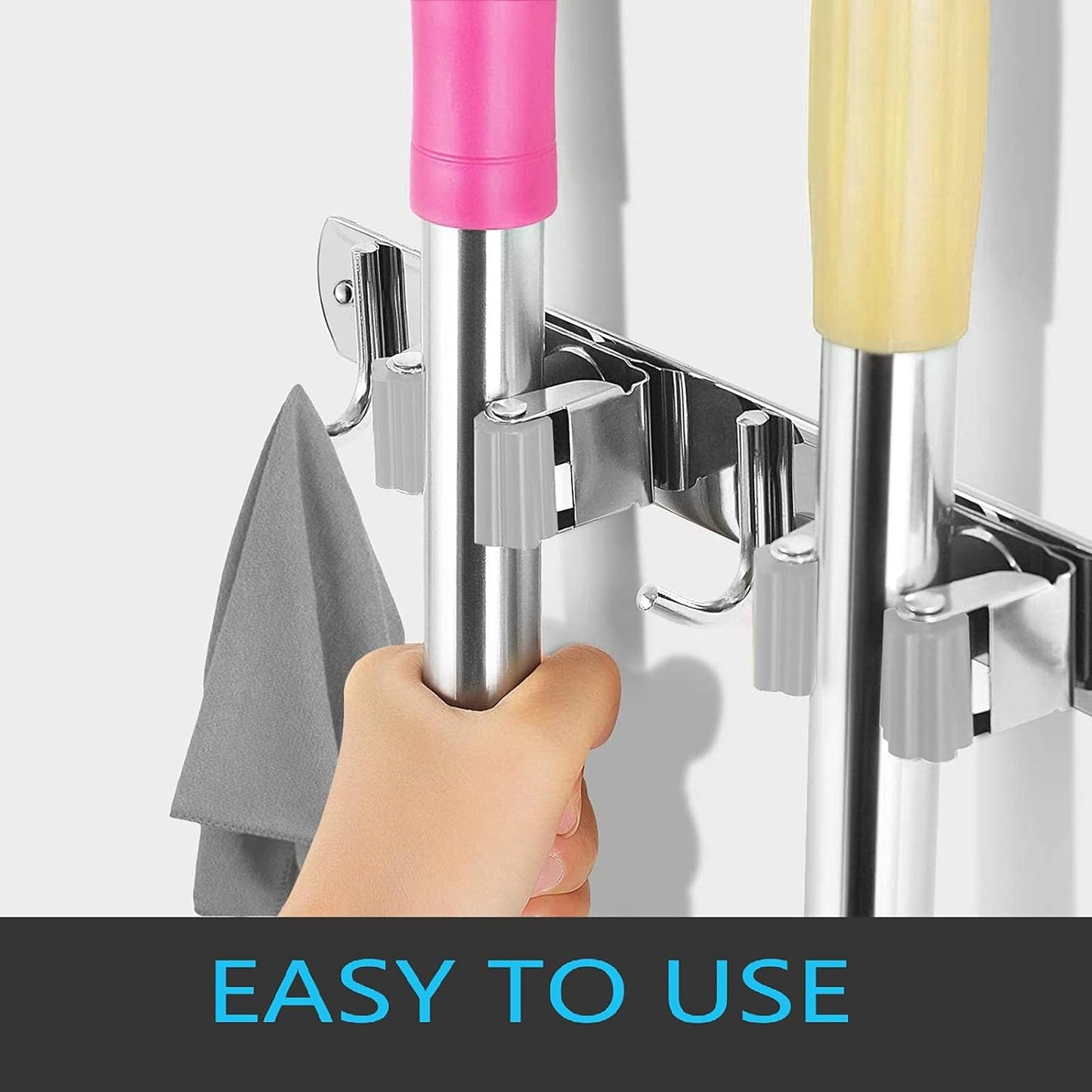 Stainless Steel Broom and Mop Holder | Wall Mounted Storage Rack with 2 Racks & 3 Hooks