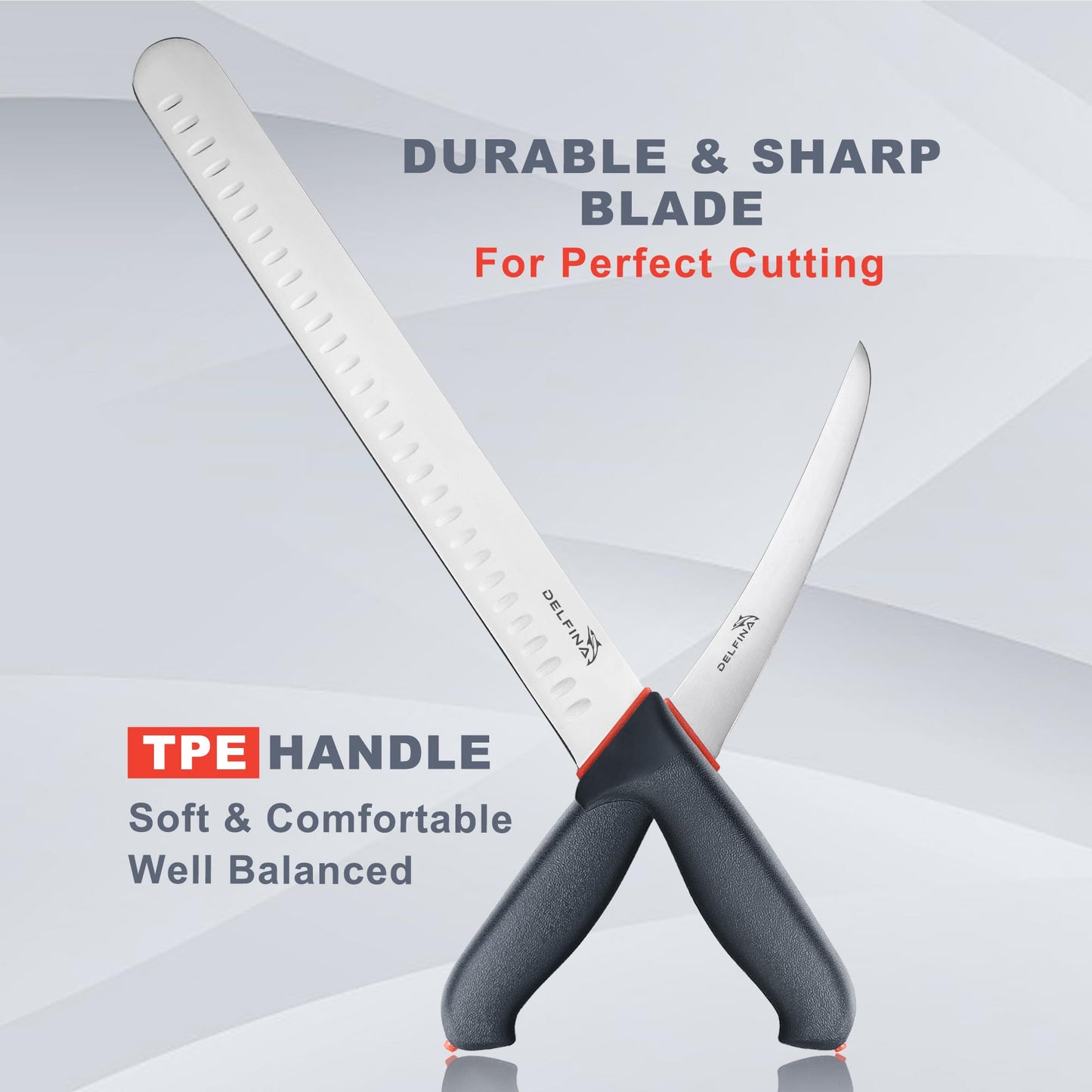 DELFINA Professional 2 Piece BBQ & Butcher Knife Set, Japanese Style Premium Stainless Steel Chef Knife Set W/SoftGrip Handle, Multi-Purpose Slicing & Boning Knife Set for Kitchen Home Restaurant