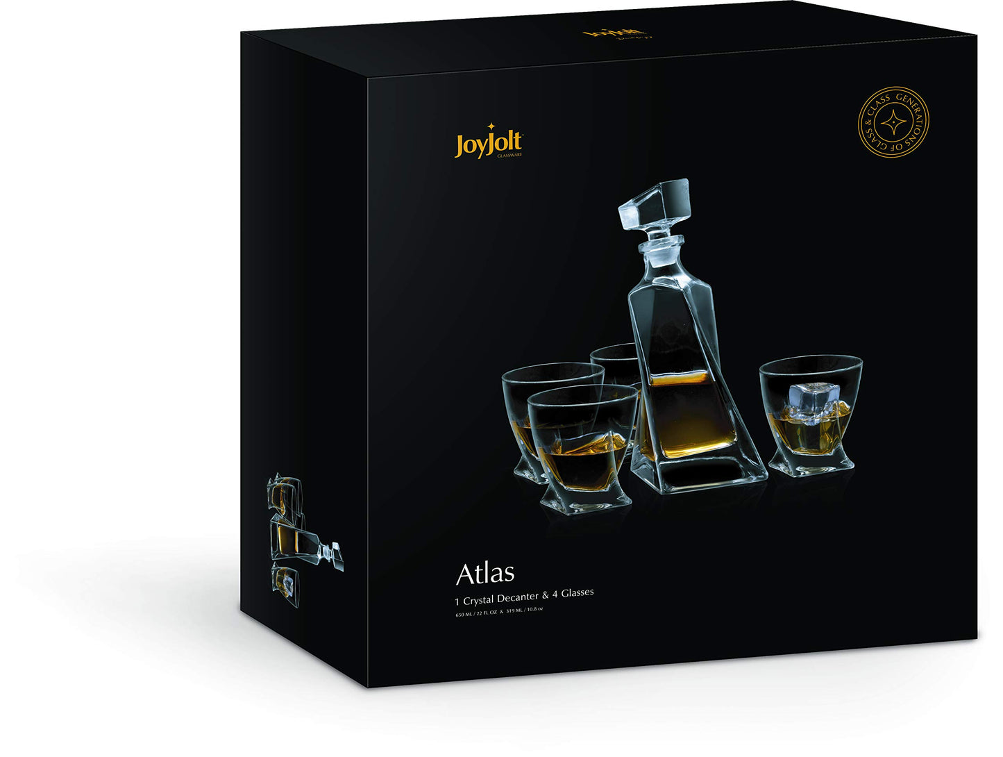JoyJolt Atlas 5-Piece Luxury Crystal Whiskey Decanter Set, 22 oz Decanter & 4 x 10.8 oz Old Fashioned Whiskey Glasses