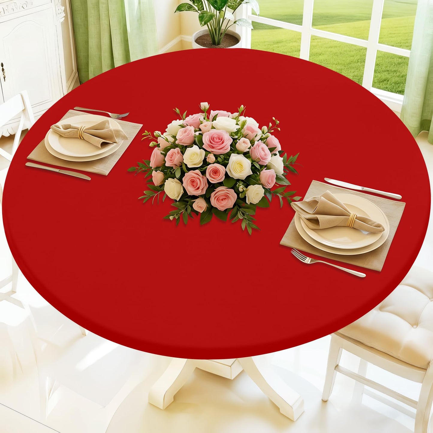Moosfor Round Spandex Tablecloth, Elastic Fitted Waterproof Tablecloths for 25"-30" Tables, Stretch Washable Picnic Table Cover for Camping, Dining, Indoor and Outdoor, Red
