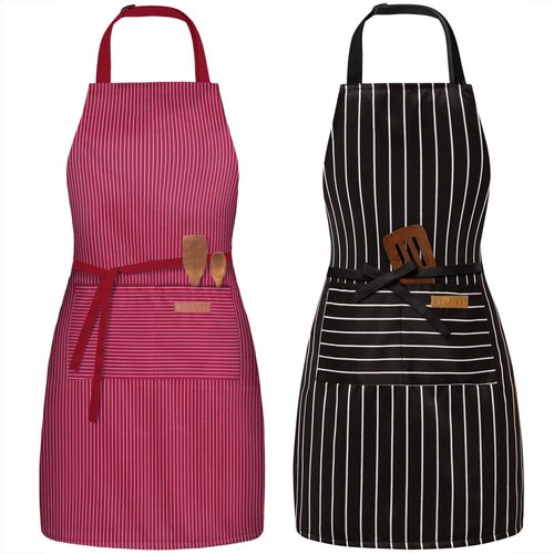 BeLuyi 2 Pack Adjustable Bib Apron with 2 Pockets Chef Cooking Kitchen Restaurant Aprons for Women Men (Wine/Black Stripes)