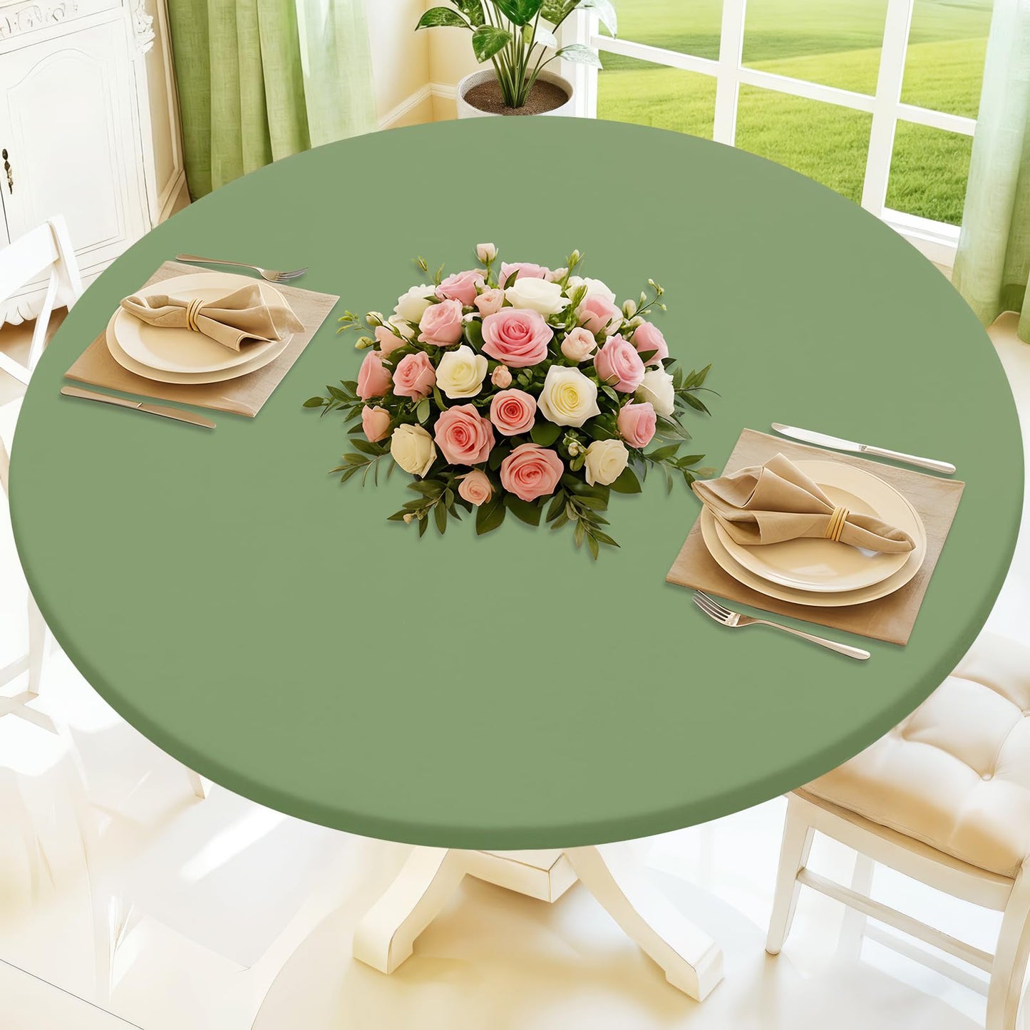 Moosfor Round Spandex Tablecloth, Elastic Fitted Waterproof Tablecloths for 25"-30" Tables, Stretch Washable Picnic Table Cover for Camping, Dining, Indoor and Outdoor, Sage Green