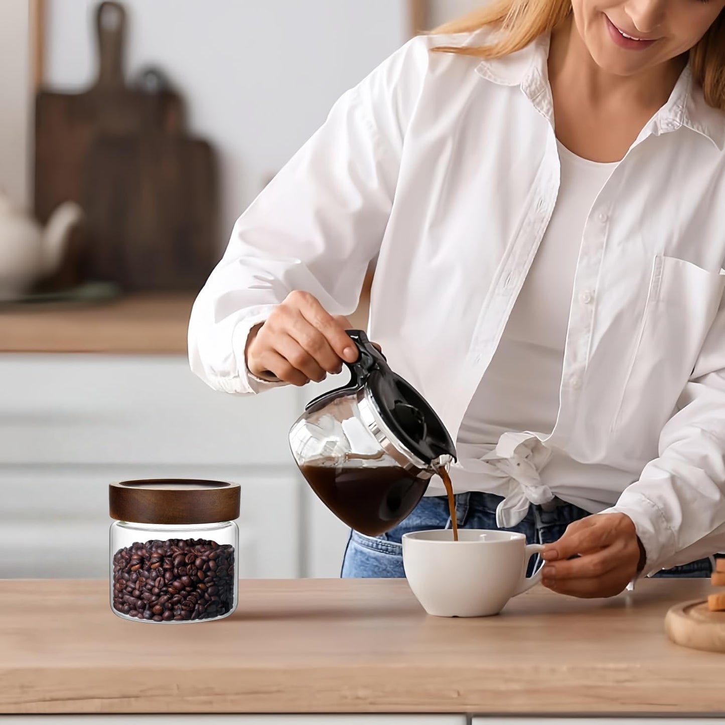 Skiennix Glass Food Storage Jar - Premium 17 Fl Oz Airtight Container with Wooden Lid | Ideal for Coffee, Tea, and Spices