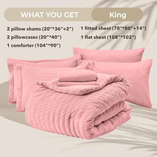 HYMOKEGE King Size Comforter Set - Luxury Rose Pink Seersucker 7-Piece Bedding Set with Sheets & Pillowcases