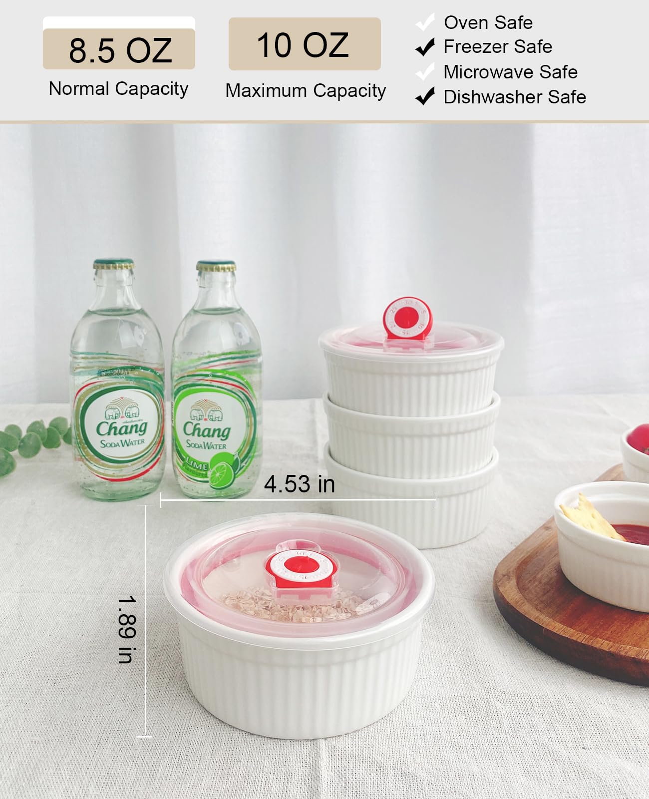 10 oz Ceramic Creme Brulee Ramekins Oven Safe, Small Souffle Ramekins with Lids, Mini Ramekin Set with Covers Set of 4, Pudding Custard Cups Ramiken for Baking, Meal Prep, Picnic, Camping