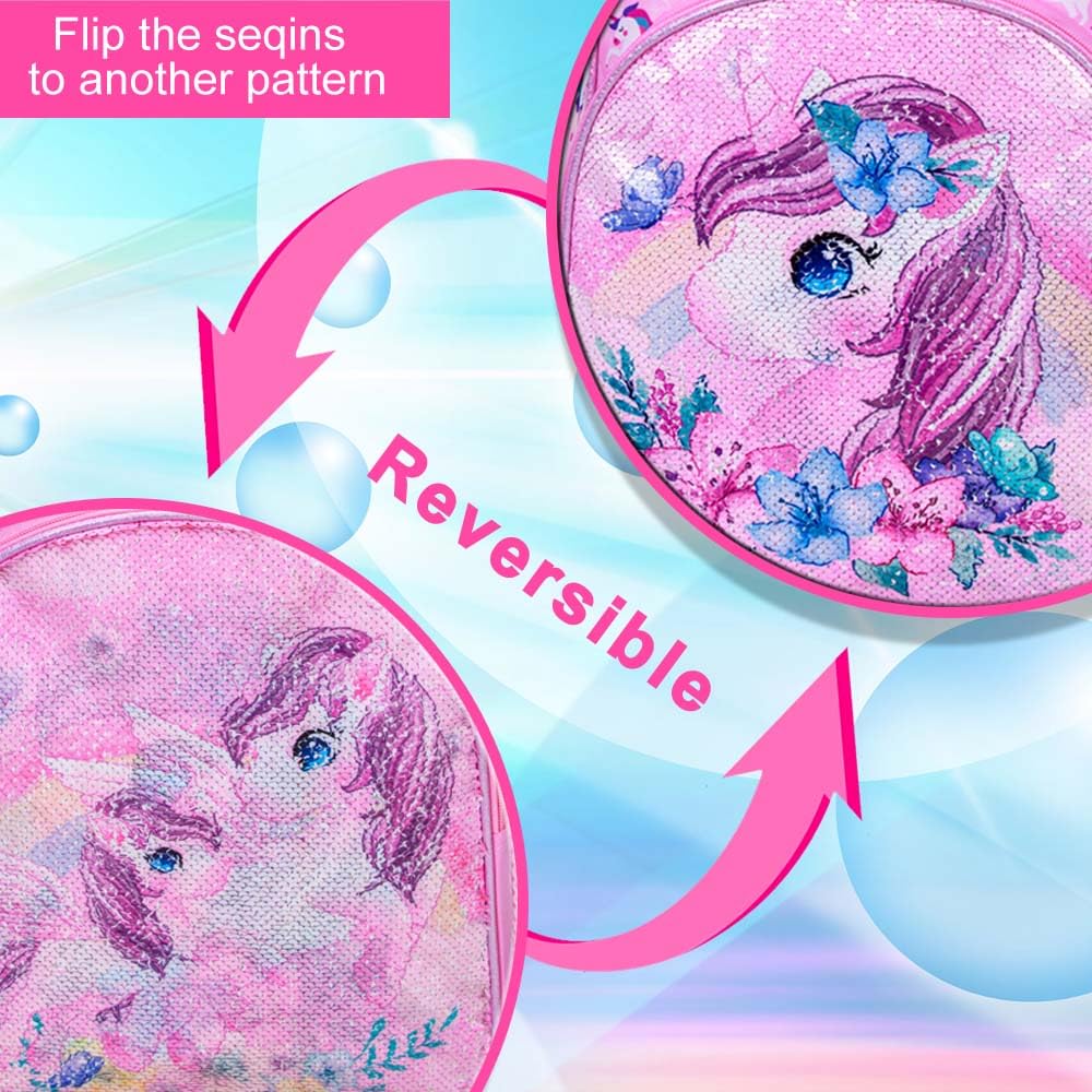 KLFVB Toddler Backpack for Girls, Cute Unicorn Bookbag for Little Kids, 12” Sequin Kindergarten Preschool Schoolbag