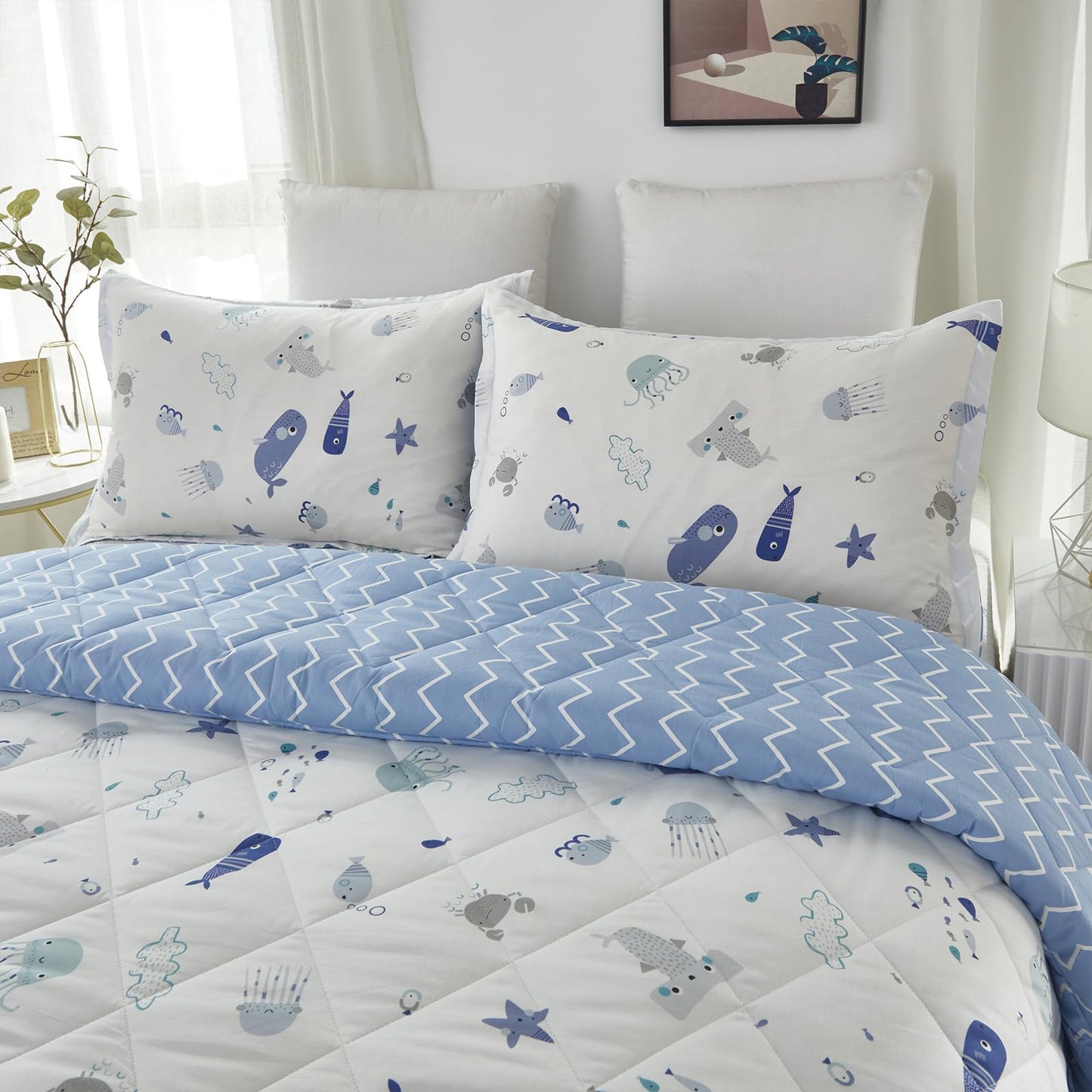 Brandream Kids Duvet Cover Twin Size Cotton Boys Girls Cute Cartoon Blue White Seaworld Comforter Set Ocean Fish Bedding Set 3 Piece