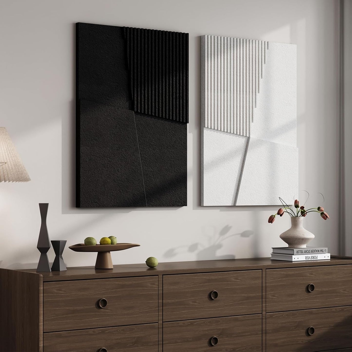 Skiennix 3D Textured Black and White Abstract Wall Art - Modern Geometric Paintings | 24x36 In, 2 Piece Set