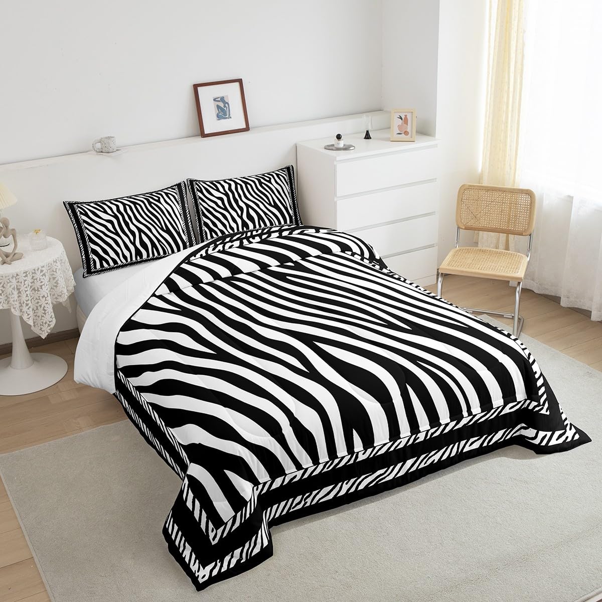 Manfei Zebra Print Comforter Set King Size, Wild Animal Skin Print Bedding Set 3pcs for Kids Boys Girls Bedroom Decor, Black and White Quilt Set Soft Polyester Duvet Set with 2 Pillowcases